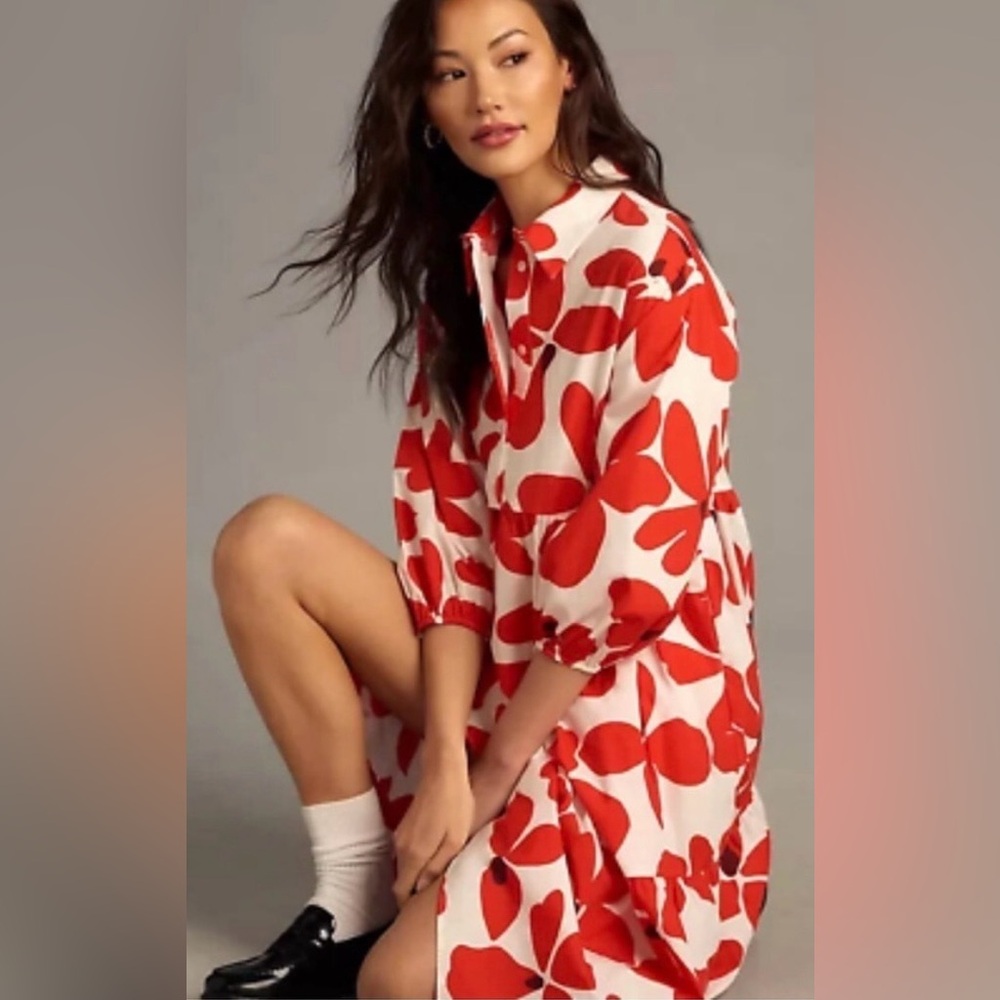 Anthropologie Maeve Bettina Tiered Shirt Dress 
Red and White size large